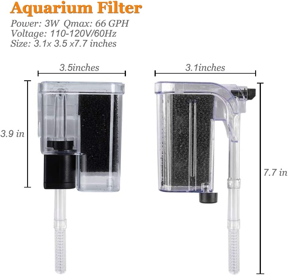 PULACO Ultra Quiet Aquarium Hang on Filter (66GPH 3W), Small Fish Tank